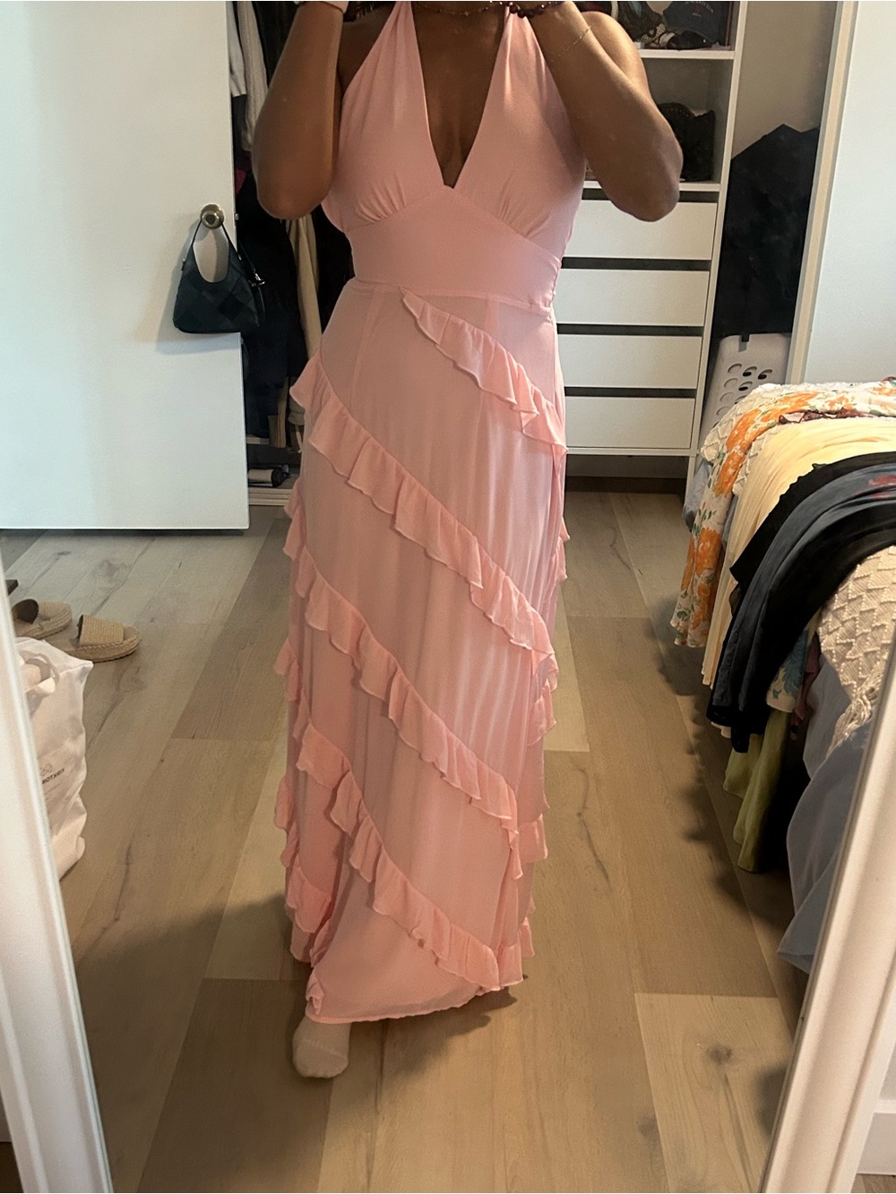 Selfie Leslie Blush Pink Halter Ruffle Maxi Dress